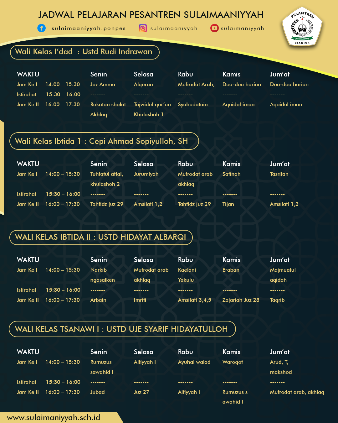 Kurikulum Pesantren : Jadwal Kegiatan Pesantren Sulaimaniyyah